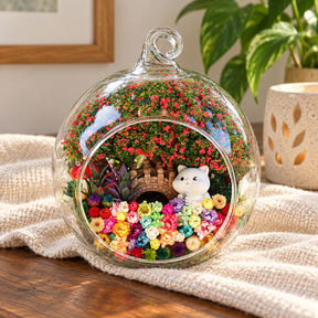 Cat with Fish Preserved Flower Terrarium styled in a natural home setting with clear glass and product details