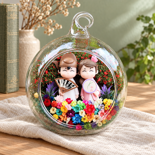 Chinese Style Couple Preserved Flower Terrarium styled in a natural home setting with clear glass and product details