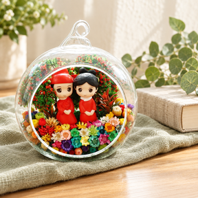 Chinese Wedding Couple Preserved Flower Terrarium styled in a natural home setting with clear glass and product details