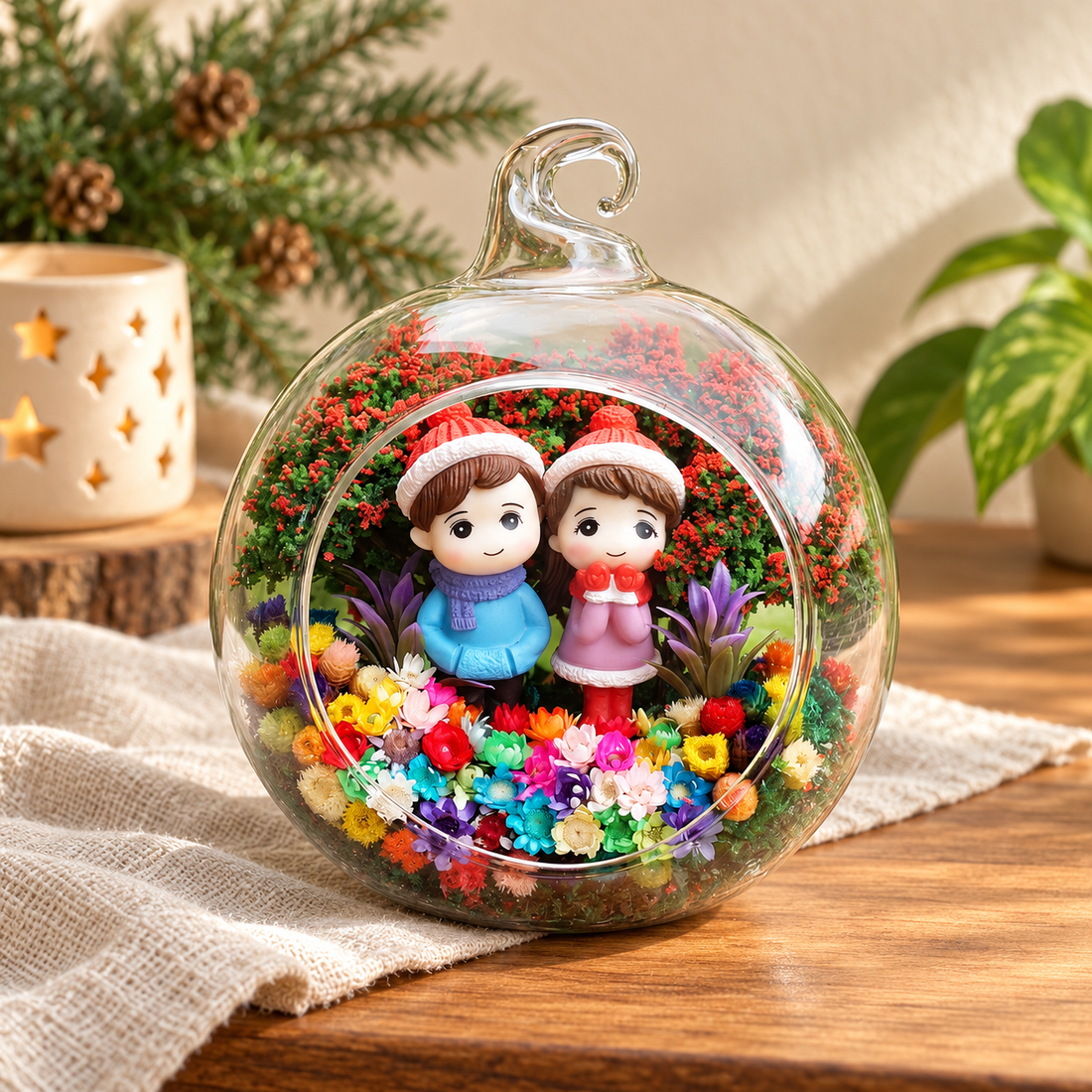 Christmas Couple with Hats Preserved Flower Terrarium styled in a natural home setting with clear glass and product details