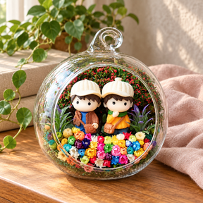 Chubby Couple in Orange Preserved Flower Terrarium styled in a natural home setting with clear glass and product details