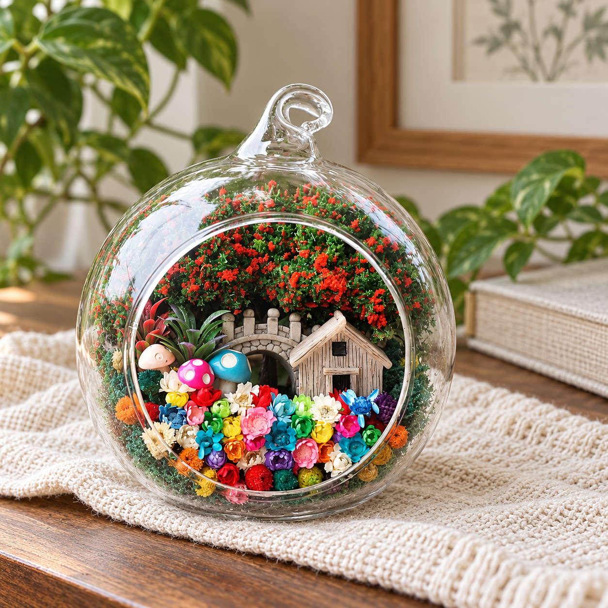 Cottage and Mushroom Preserved Flower Terrarium styled in a natural home setting with clear glass and product details