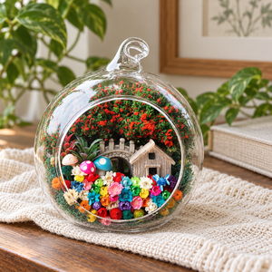 Cottage and Mushroom Preserved Flower Terrarium styled in a natural home setting with clear glass and product details