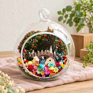 Cow Farm with Windmill Preserved Flower Terrarium styled in a natural home setting with clear glass and product details