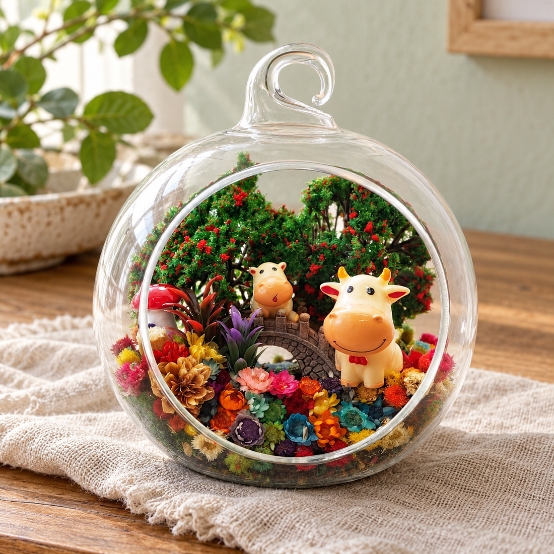 Cow Pair Preserved Flower Terrarium styled in a natural home setting with clear glass and product details
