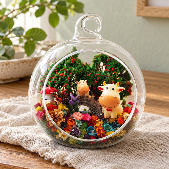 Cow Pair Preserved Flower Terrarium styled in a natural home setting with clear glass and product details