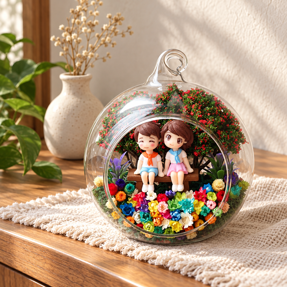 Cute Couple on Bench Preserved Flower Terrarium styled in a natural home setting with clear glass and product details