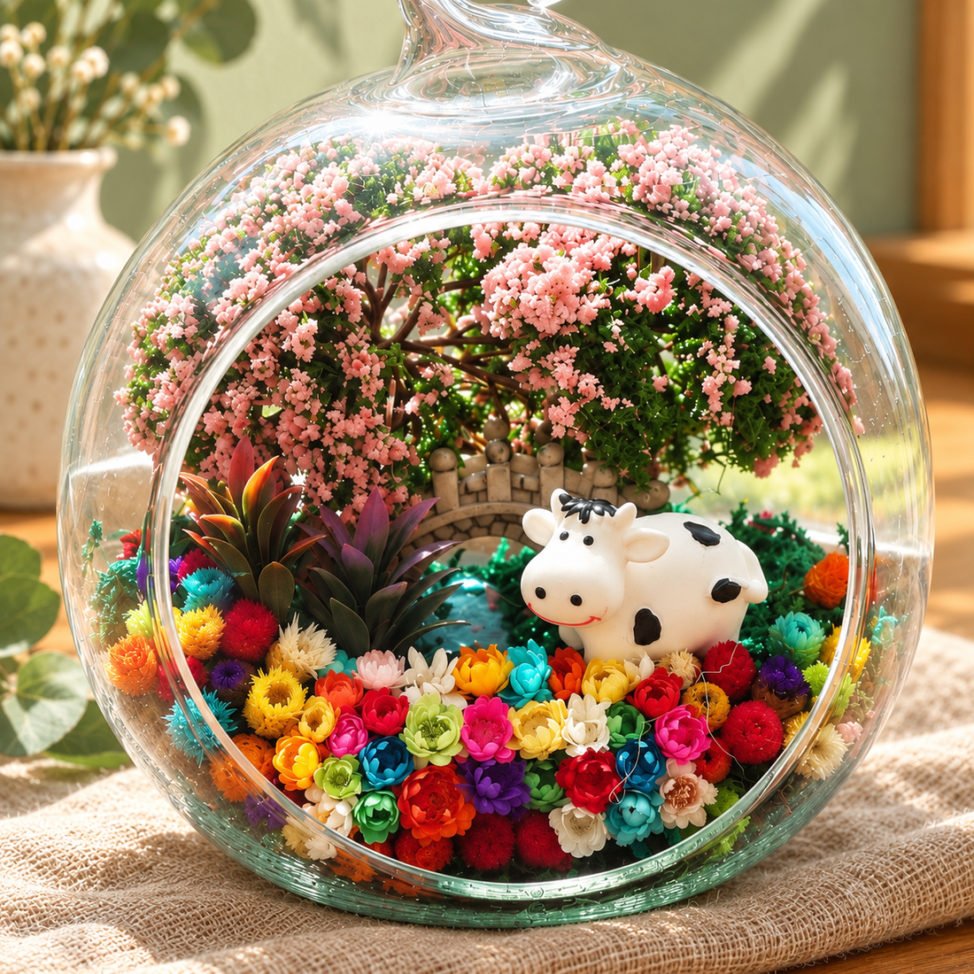 Dairy Cow Preserved Flower Terrarium — figurine close up
