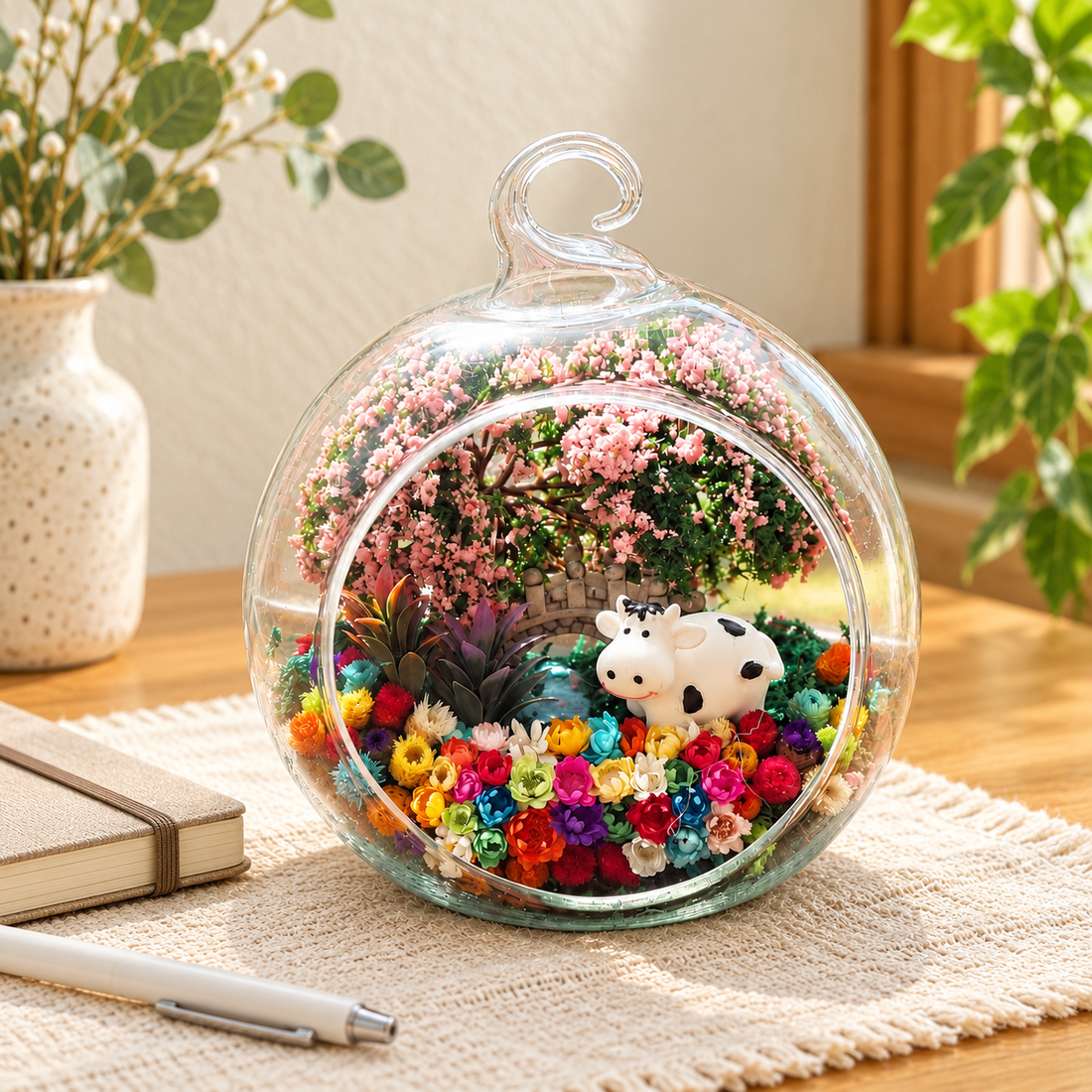 Dairy Cow Preserved Flower Terrarium — desk lifestyle