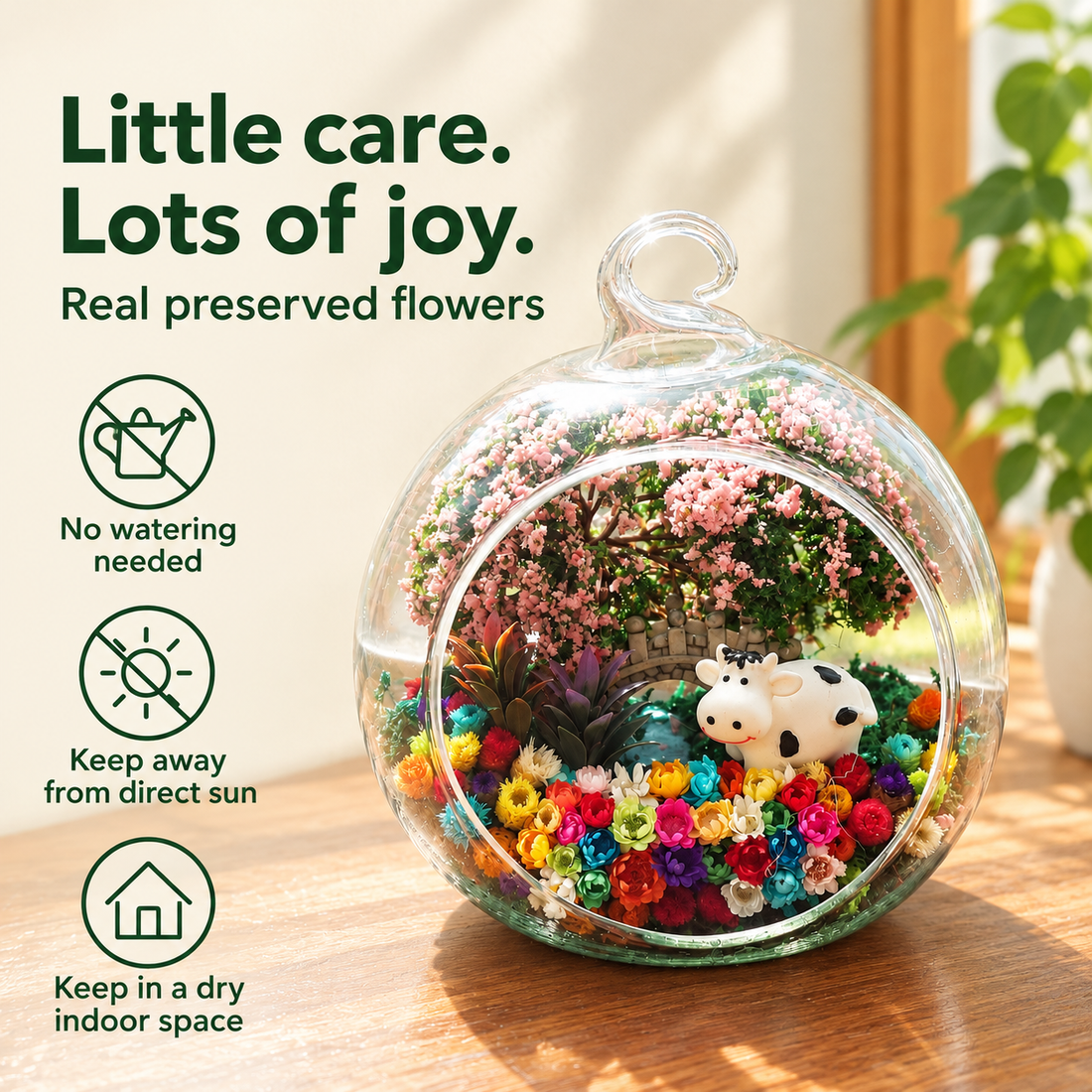 Dairy Cow Preserved Flower Terrarium — care guide