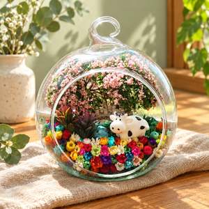 Dairy Cow Preserved Flower Terrarium styled in a natural home setting with clear glass and product details