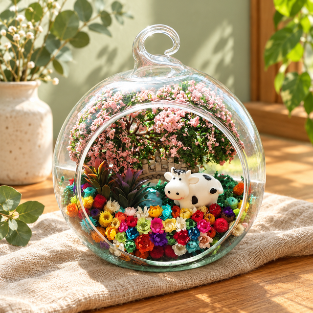 Dairy Cow Preserved Flower Terrarium styled in a natural home setting with clear glass and product details