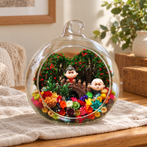 Elderly Couple Preserved Flower Terrarium styled in a natural home setting with clear glass and product details