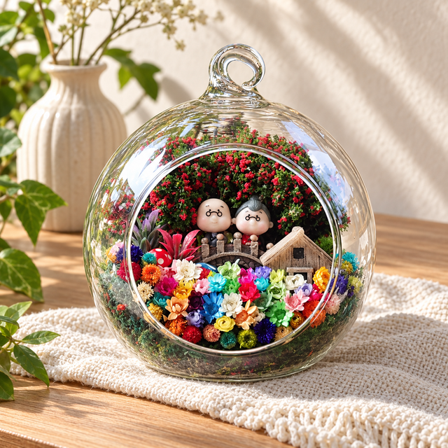 Elderly Couple with House Preserved Flower Terrarium styled in a natural home setting with clear glass and product details