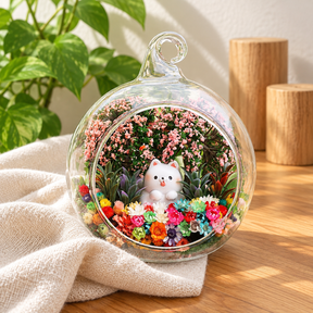 Fluffy White Puppy Preserved Flower Terrarium styled in a natural home setting with clear glass and product details