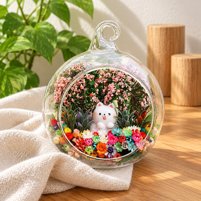 Fluffy White Puppy Preserved Flower Terrarium styled in a natural home setting with clear glass and product details