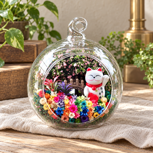 Fortune Cat with Heart Preserved Flower Terrarium styled in a natural home setting with clear glass and product details