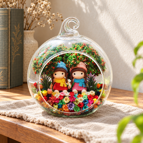 Girls in Blue and Pink Hats Preserved Flower Terrarium styled in a natural home setting with clear glass and product details