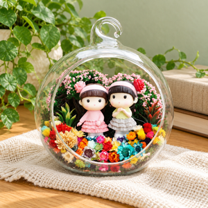 Girls in Green and Pink Preserved Flower Terrarium styled in a natural home setting with clear glass and product details