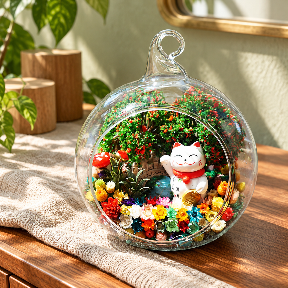 Golden Fortune Cat Preserved Flower Terrarium styled in a natural home setting with clear glass and product details