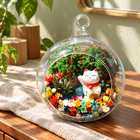 Golden Fortune Cat Preserved Flower Terrarium styled in a natural home setting with clear glass and product details
