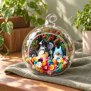 Grey and Blue Figures at Bus Stop Terrarium styled in a natural home setting with clear glass and product details