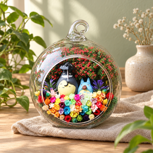 Grey and Blue Figures Flower Terrarium styled in a natural home setting with clear glass and product details