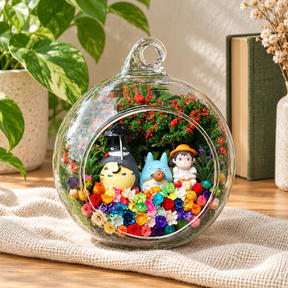 Grey and Blue Figures with Girl Terrarium styled in a natural home setting with clear glass and product details