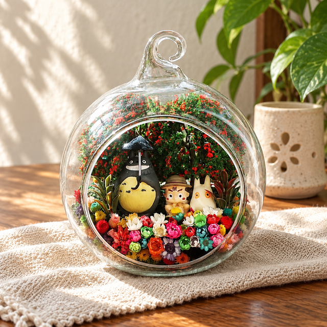 Grey Figure with Gift Flower Terrarium styled in a natural home setting with clear glass and product details