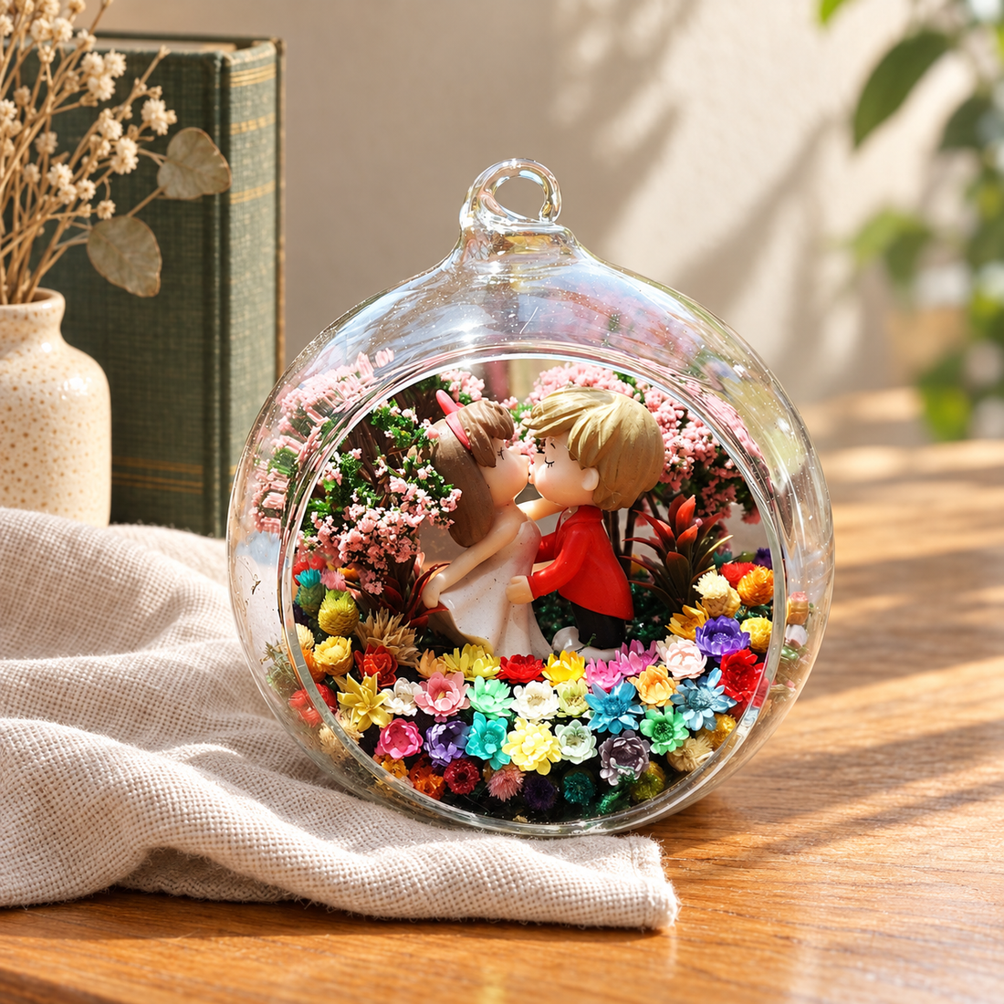 Kissing Couple Preserved Flower Terrarium styled in a natural home setting with clear glass and product details
