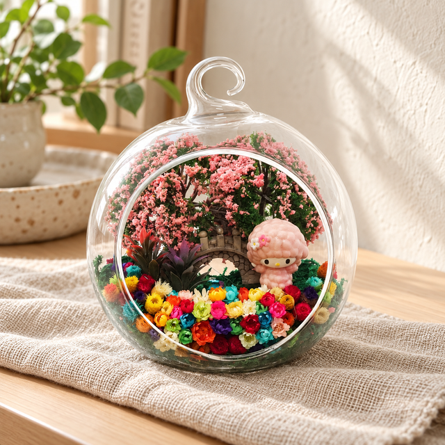 Kitten in Costume Preserved Flower Terrarium styled in a natural home setting with clear glass and product details
