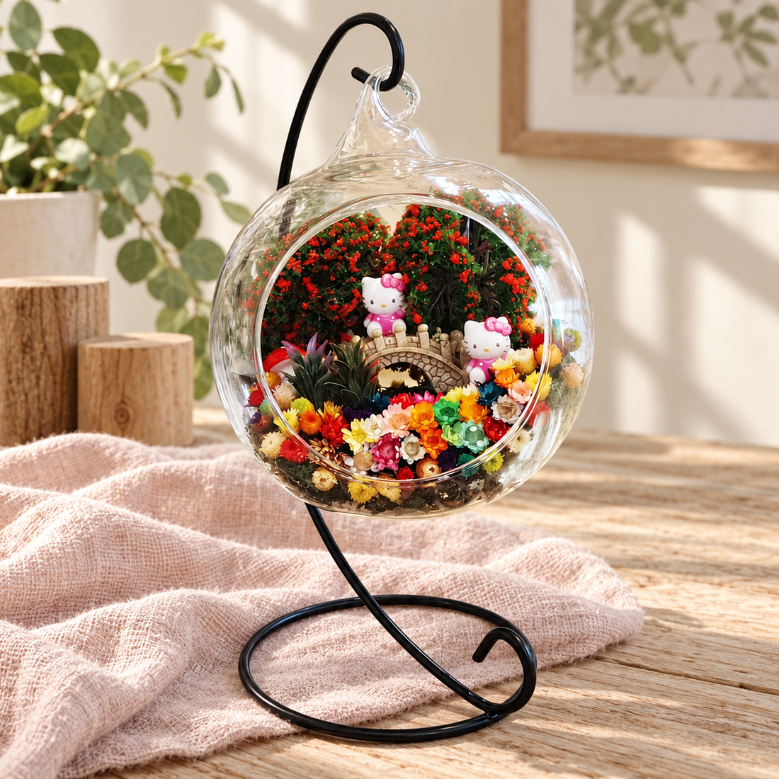 Kitten Pair Preserved Flower Terrarium styled in a natural home setting with clear glass and product details