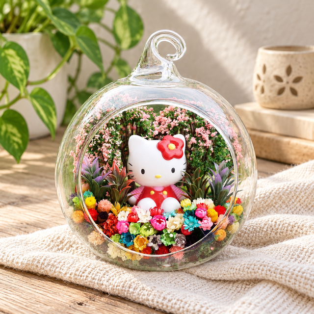 Large Kitten with Bow Flower Terrarium styled in a natural home setting with clear glass and product details