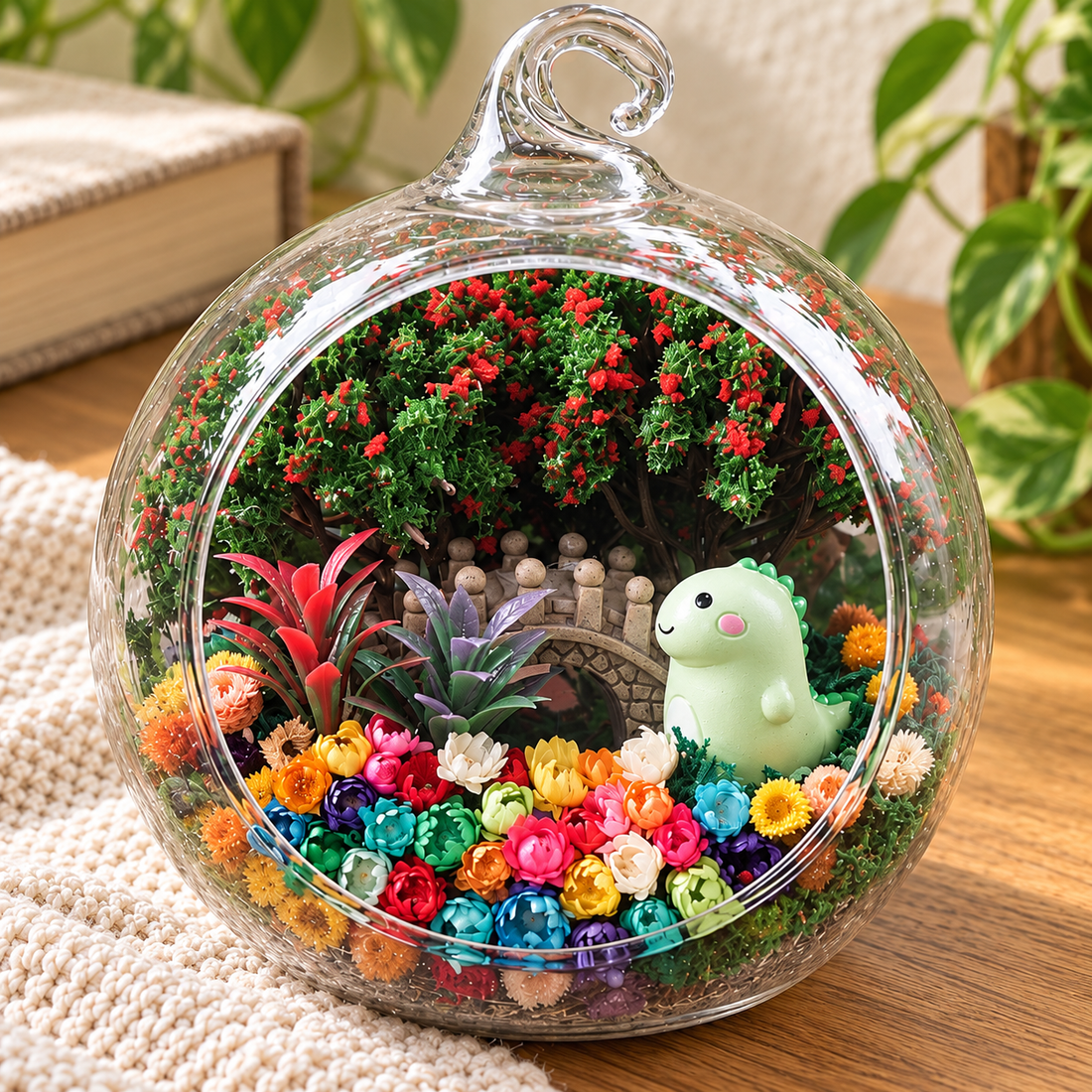 Little Dinosaur Preserved Flower Terrarium — figurine close up