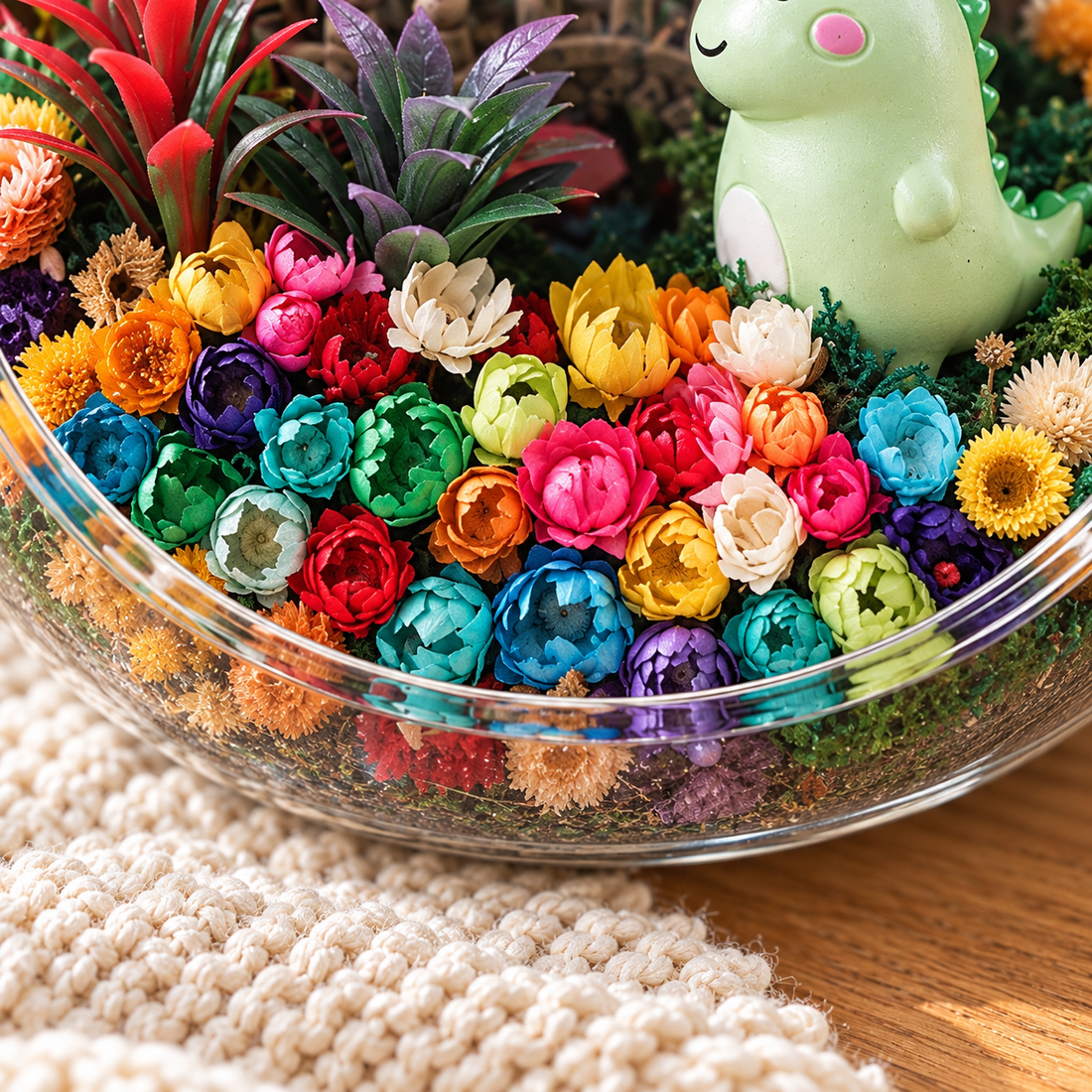 Little Dinosaur Preserved Flower Terrarium — flower glass detail
