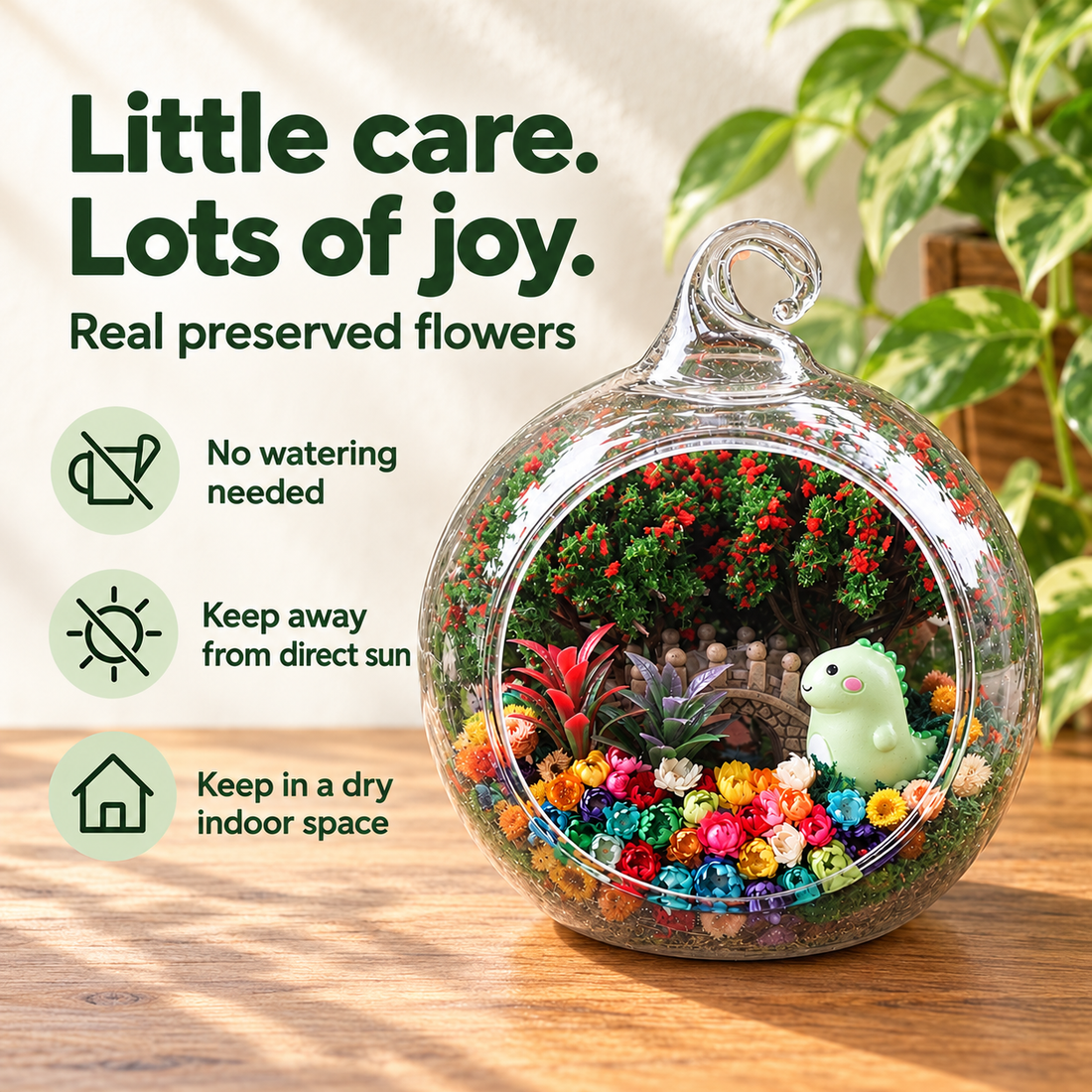 Little Dinosaur Preserved Flower Terrarium — care guide