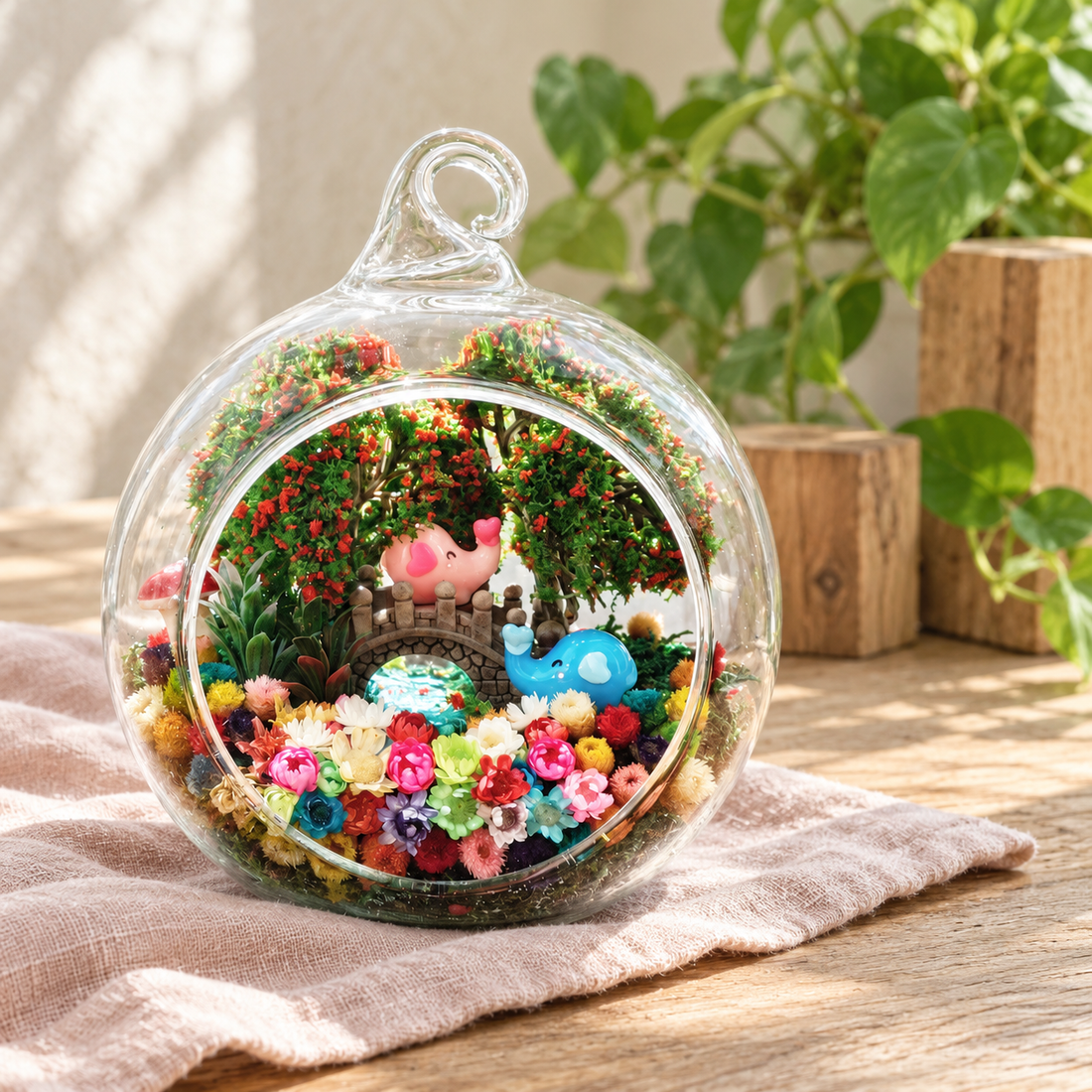 Little Elephant Preserved Flower Terrarium styled in a natural home setting with clear glass and product details