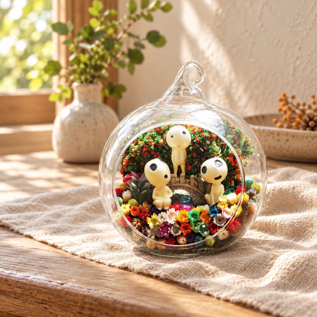 Little White Ghost Preserved Flower Terrarium styled in a natural home setting with clear glass and product details