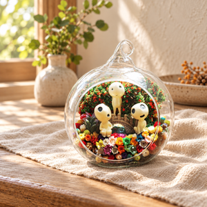 Little White Ghost Preserved Flower Terrarium styled in a natural home setting with clear glass and product details