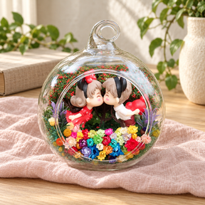 Mouse Couple Flower Terrarium styled in a natural home setting with clear glass and product details