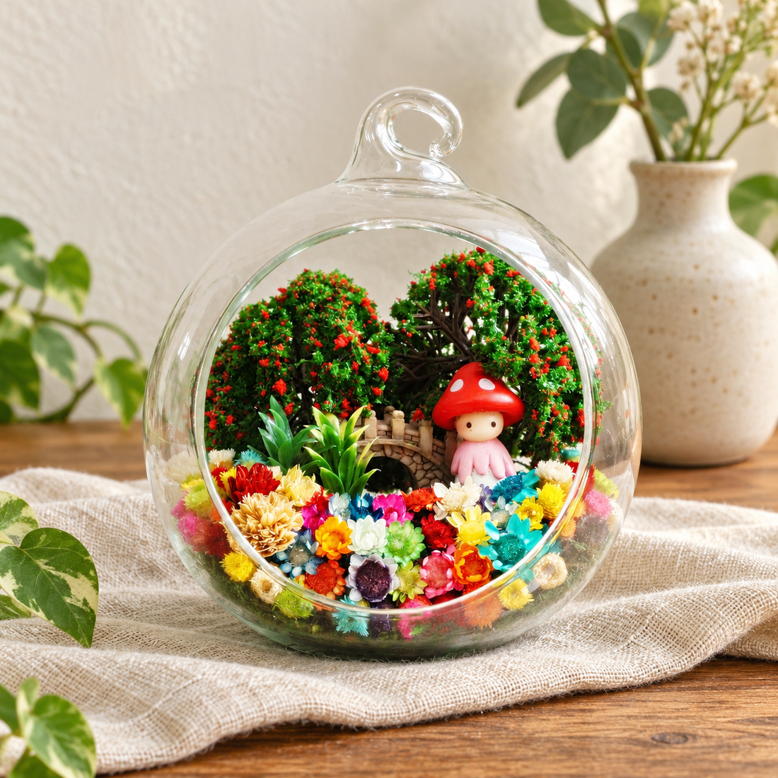 Mushroom Doll Preserved Flower Terrarium styled in a natural home setting with clear glass and product details