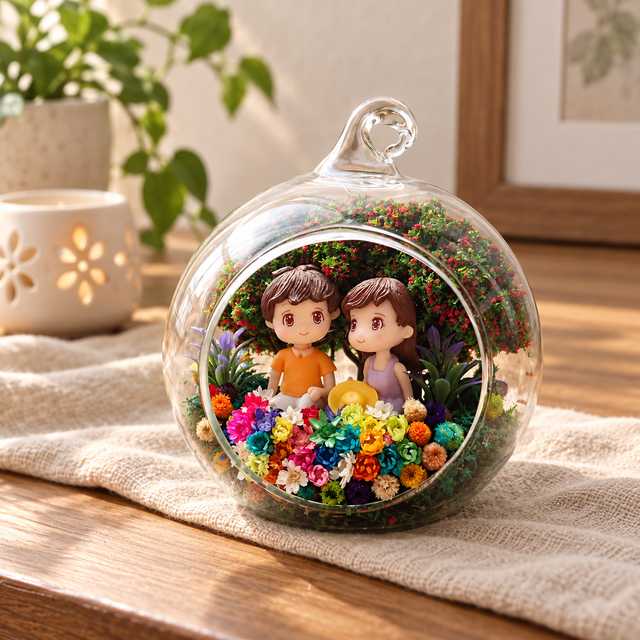 Orange and Purple Sitting Couple Preserved Flower Terrarium styled in a natural home setting with clear glass and product details