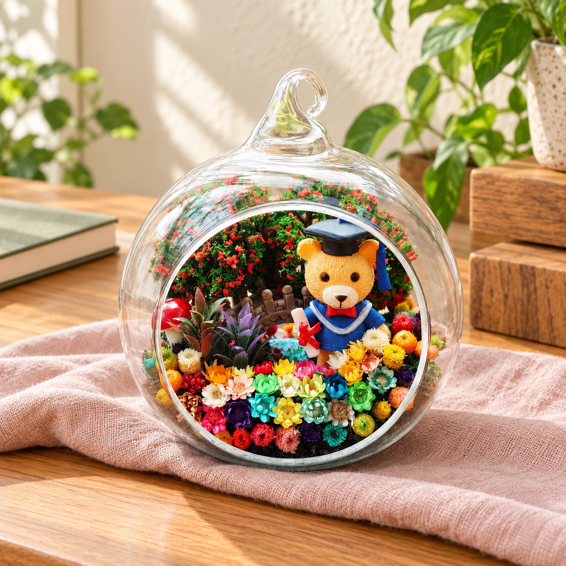 Orange Graduation Bear Preserved Flower Terrarium styled in a natural home setting with clear glass and product details