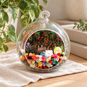 Penguin and Bear Preserved Flower Terrarium styled in a natural home setting with clear glass and product details