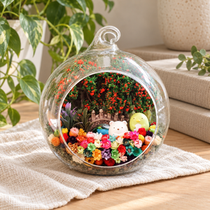 Penguin and Bear Preserved Flower Terrarium styled in a natural home setting with clear glass and product details