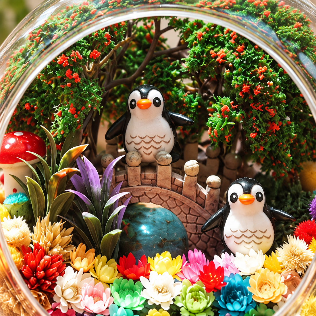 Penguin Family Preserved Flower Terrarium — figurine close up