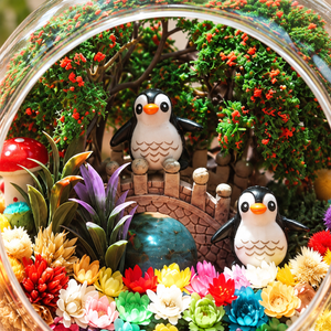 Penguin Family Preserved Flower Terrarium — figurine close up