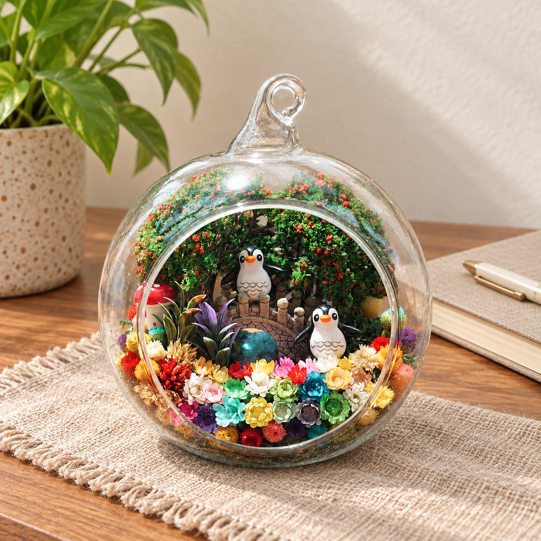 Penguin Family Preserved Flower Terrarium — desk lifestyle