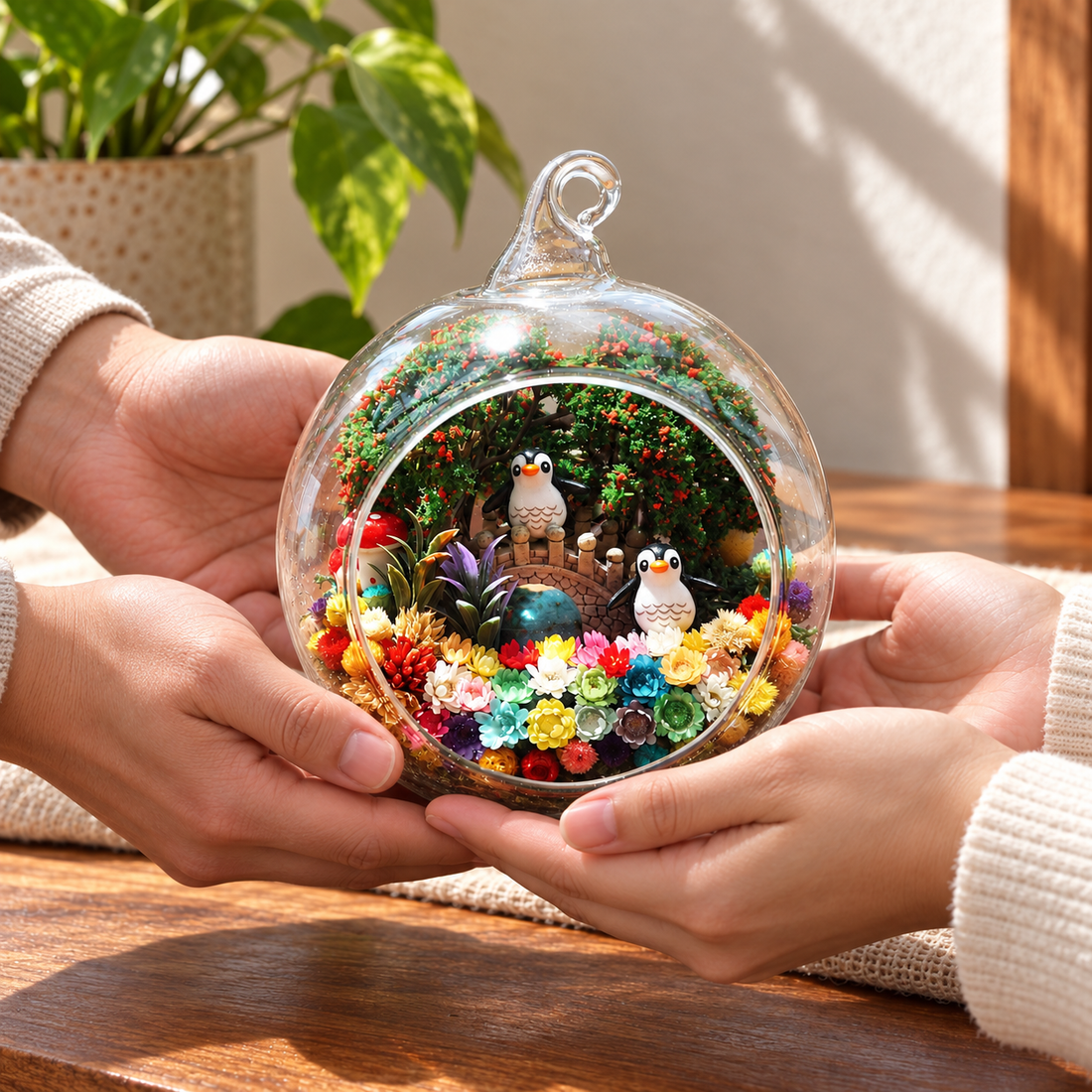 Penguin Family Preserved Flower Terrarium — gifting moment