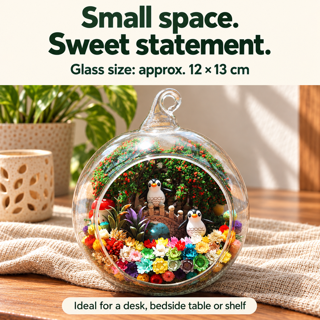Penguin Family Preserved Flower Terrarium — size guide
